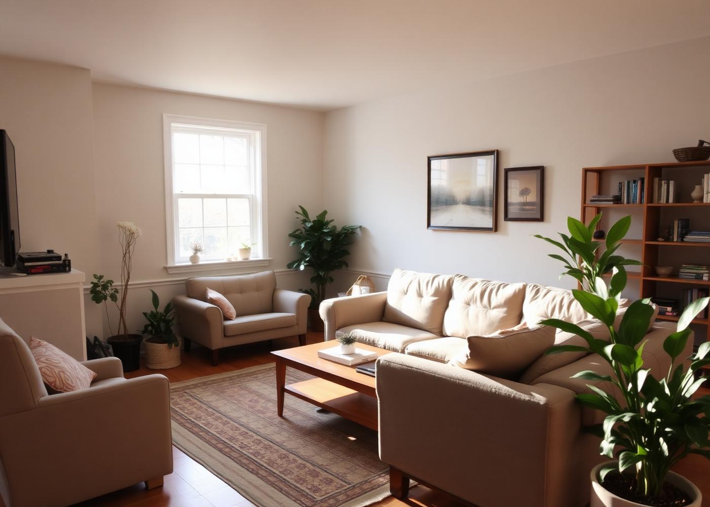 Bright, tidy living room prepared for a home showing
