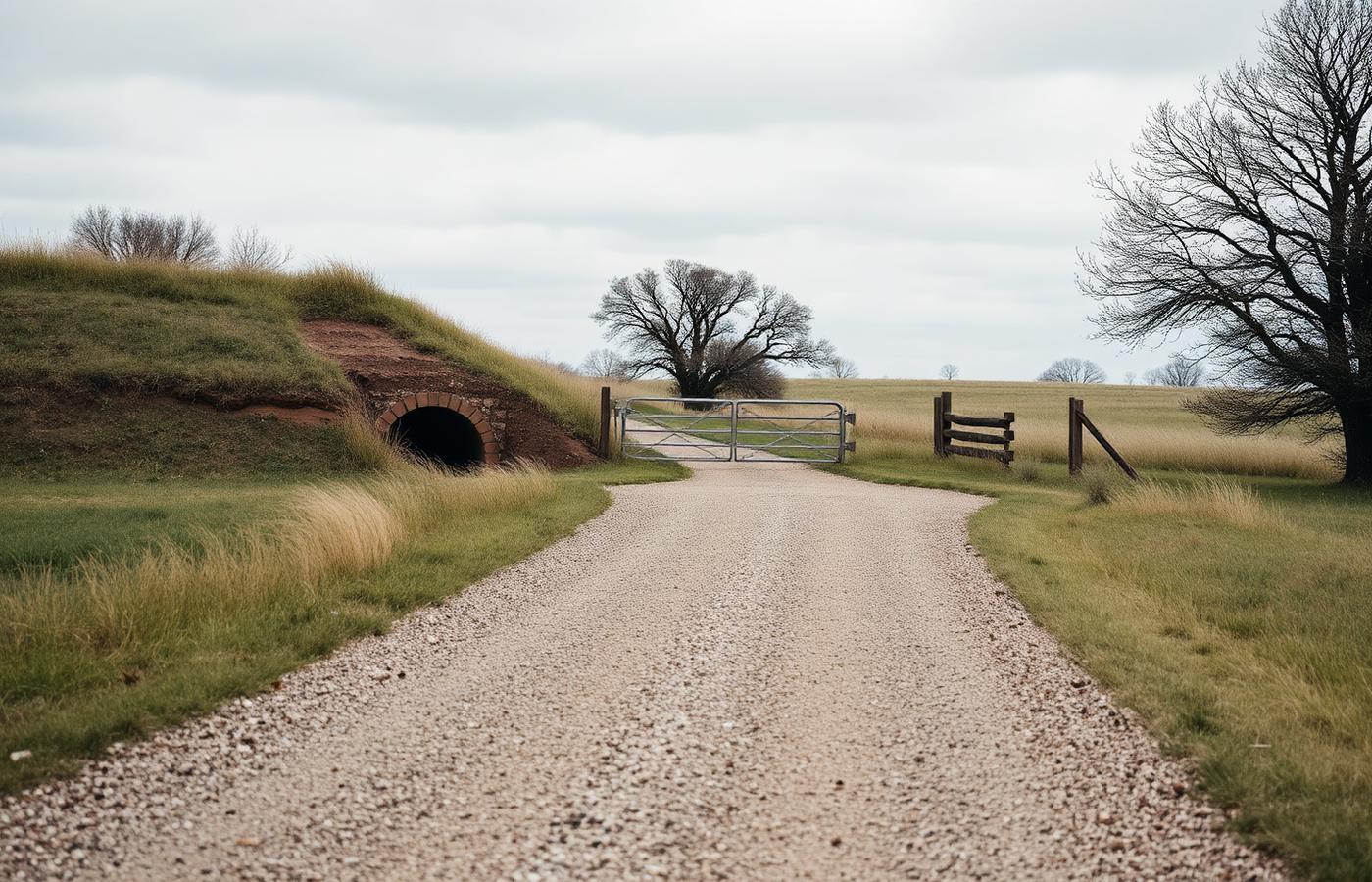 Gravel county road and gated entrance to a rural Oklahoma property